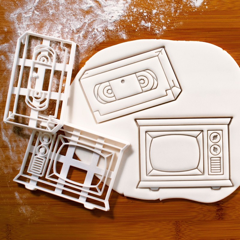 Set of 2 TV and Video Tape Cookie Cutters - retro old school, telly, television