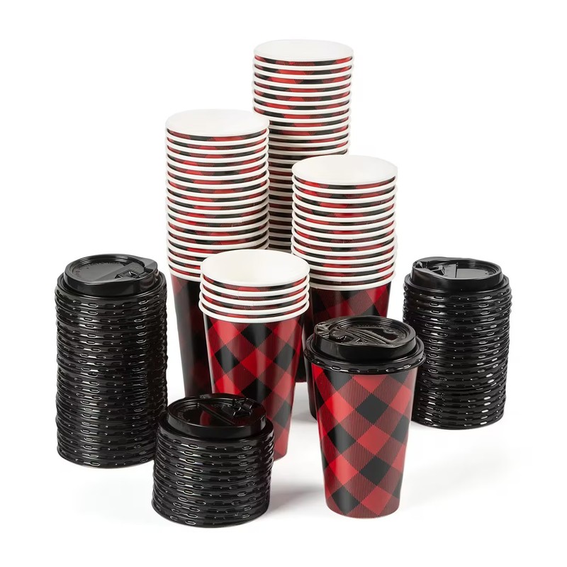 Oriental Trading Christmas-Themed Buffalo Plaid Disposable Paper Coffee Cups wit