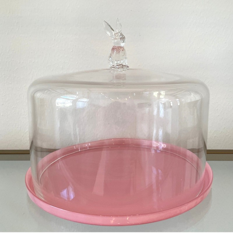 Pink Glass Bunny Cake Dome 11×12 Chic Easter Decor NEW