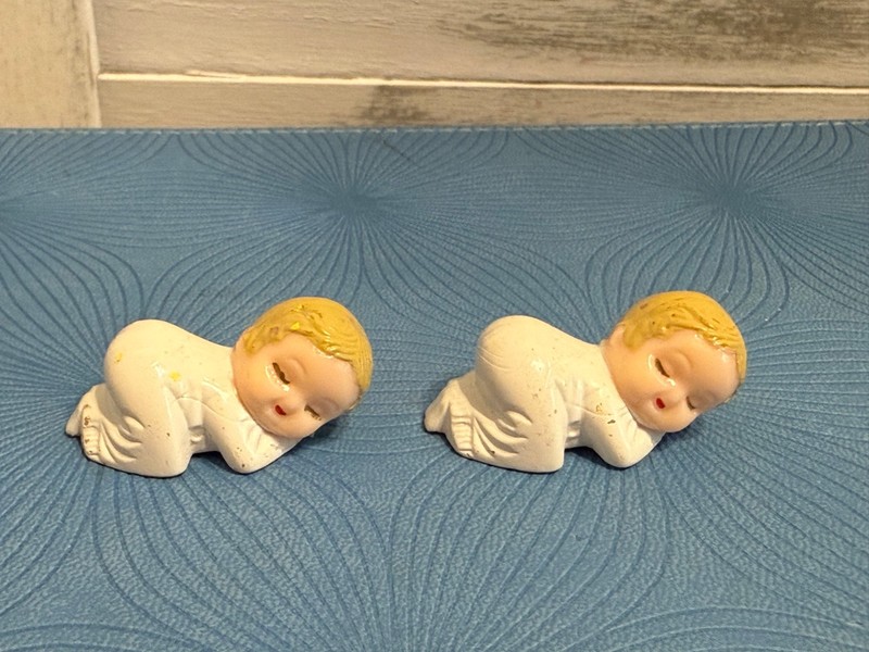 2 Vintage Miniature Sleeping Baby Cake Topper White Shower Mid-Century NOS C7