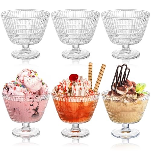 6 Pack Glass Dessert Bowls Set, 10 Oz Vintage Ice Cream Cups with Pedestal, gallery