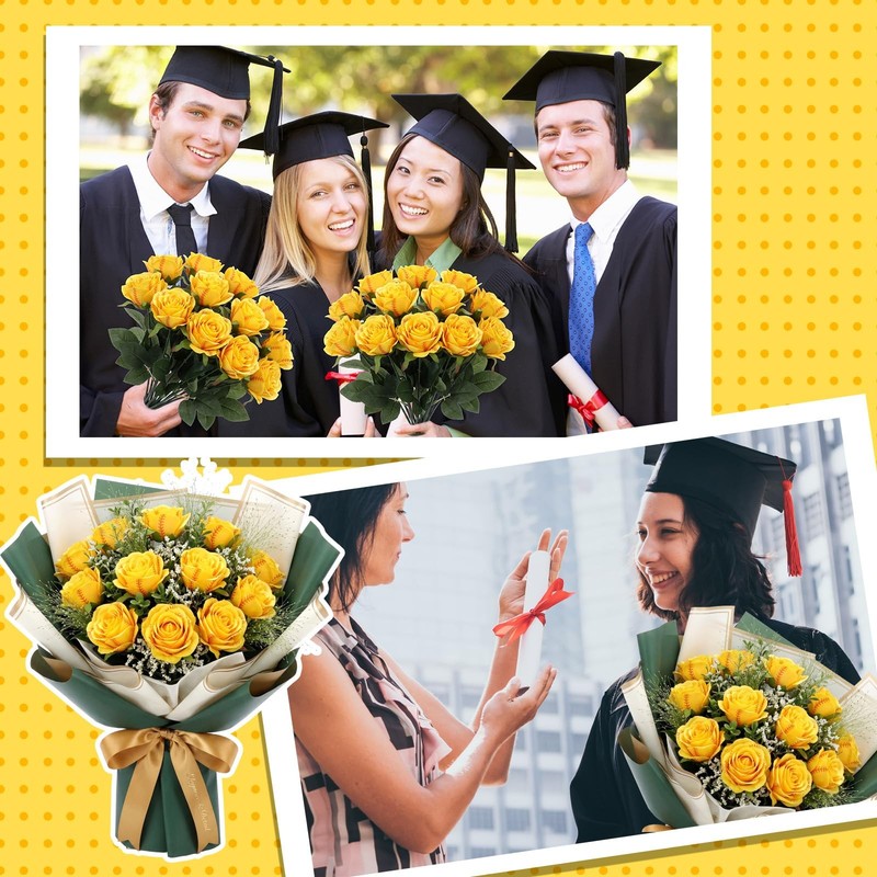Hotop 12 Pcs Bloom Softball Roses Leaves Artificial Yellow Rose Bouquet For gallery