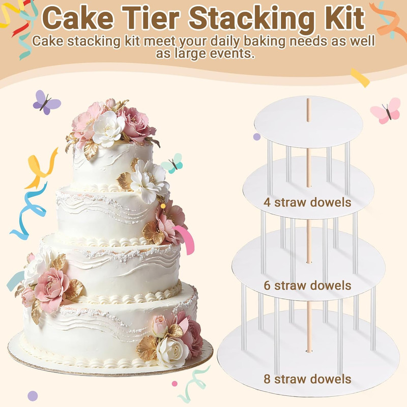Cake Tier Stacking Kit for 4-Layer Cake, White Cake Boards 10’’-8’’-6’’-4’’ with gallery