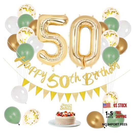 Sage Green 50th Birthday Decorations, Happy 50th Birthday Banner with Number 50