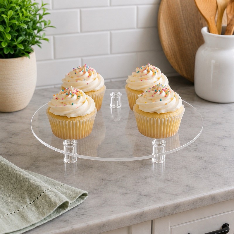 Acrylic Cake Stand 10” Cupcake Server 3 Footed Low Profile Dessert Display Tray