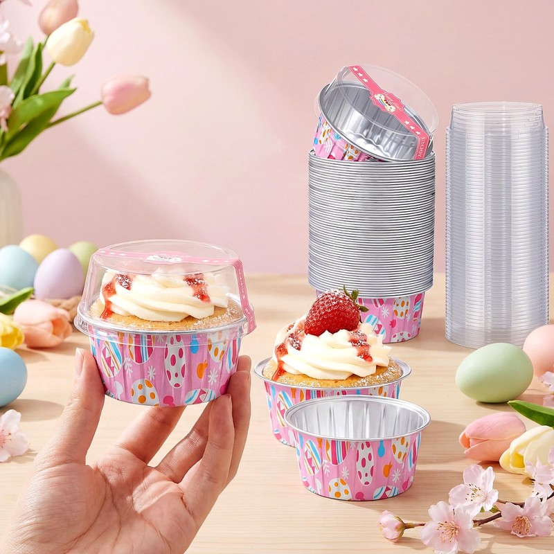 50 Pcs Easter Eggs Mini Loaf Pans with Lids Spoons Sticker 5oz Disposable Cak... gallery