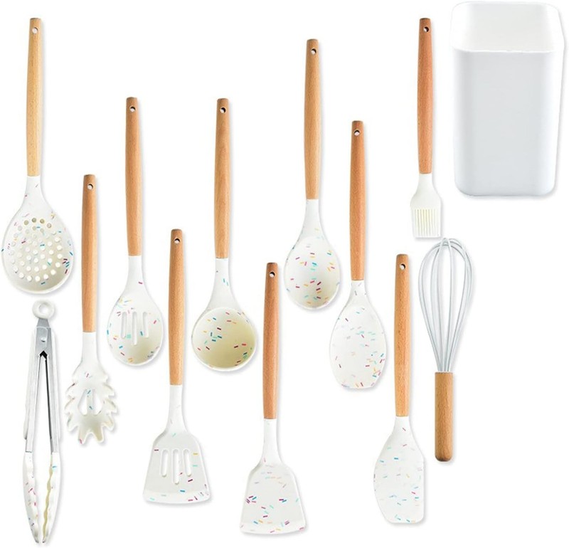 Chef Kitchen Cooking Utensils Set, Wooden Handle Silicone Kitchen Gadts