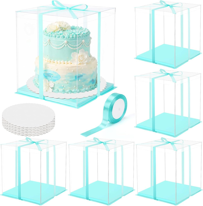 6 Pack Large Clear Cake Box with round Cake Boards and Ribbon Taller Box Carrier
