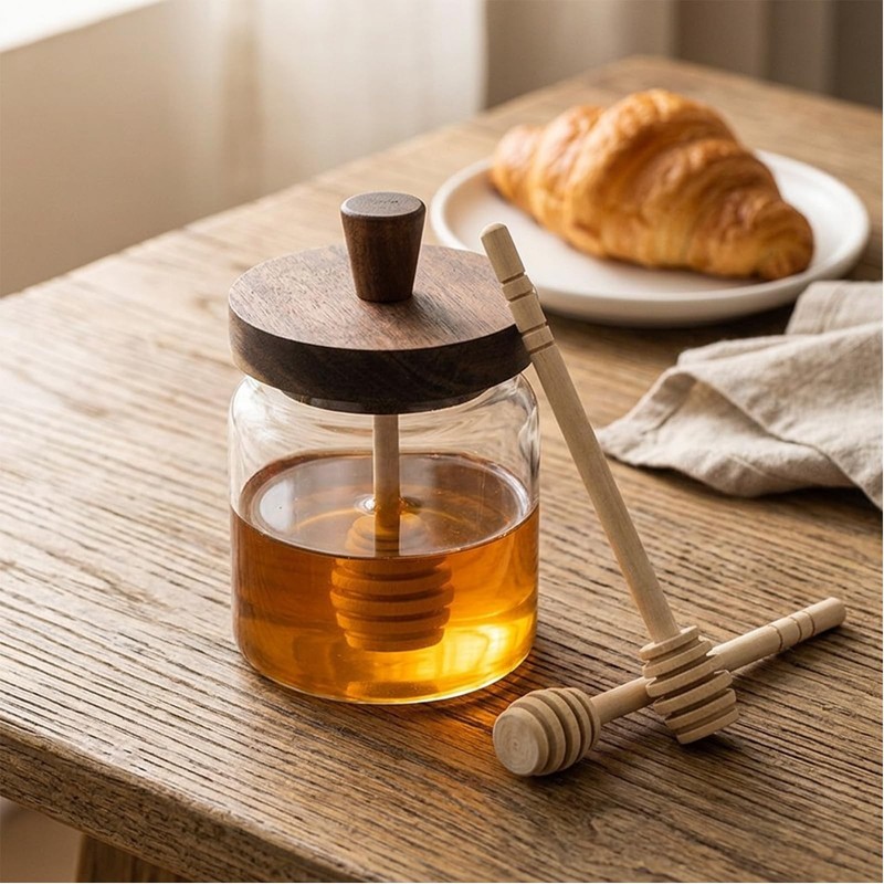 12 Oz Honey Jar with 2 Wooden Dippers and Lid,Honey Pot Dispenser,Clear Glass... gallery