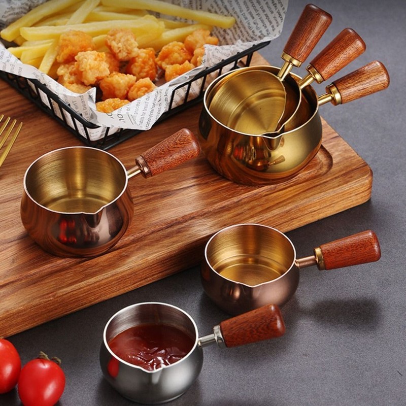 Dipping Bowl Stainless Steel Sauce Pan 60/120/180ml Wooden Handle Seasoning Cup
