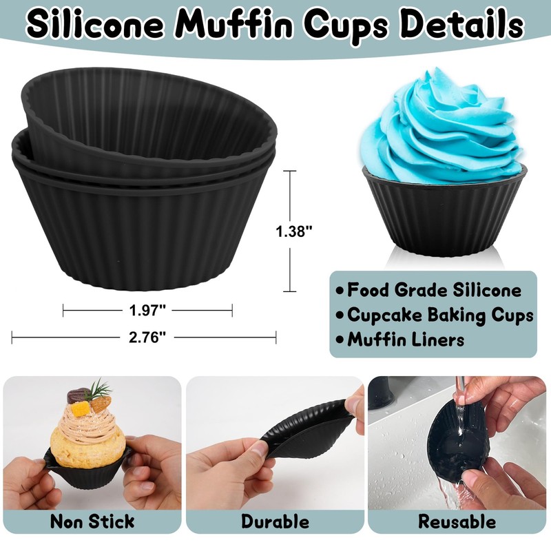 24 Pack Reusable Silicone Cupcake Liners Black 2.76 Inch Muffin Cups Non-Stick gallery