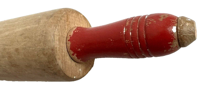 Vintage Art Deco 1940s Country Kitchen Wooden Rolling Pin Original Red Handles gallery
