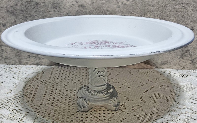 Vintage Shabby Chic Upcycled 11″ Cake Stand Metal Fruit Riser Farmhouse Decor