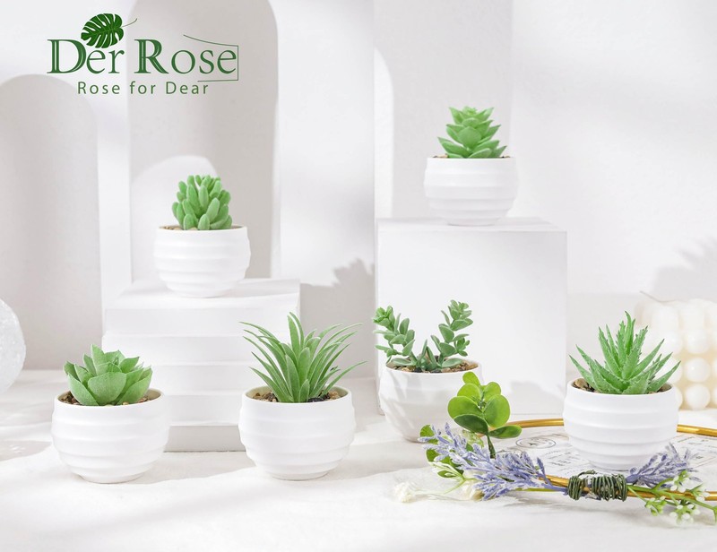Der Rose 6 Pack Fake Plants Small Realistic Succulents 3.14"H × 2.3"W, Green gallery