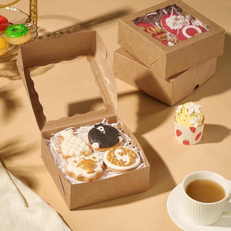 30 PCS Cookie Boxes Window 6x6x2.5 Inch Brown Bakery Treats Desserts Cake gallery