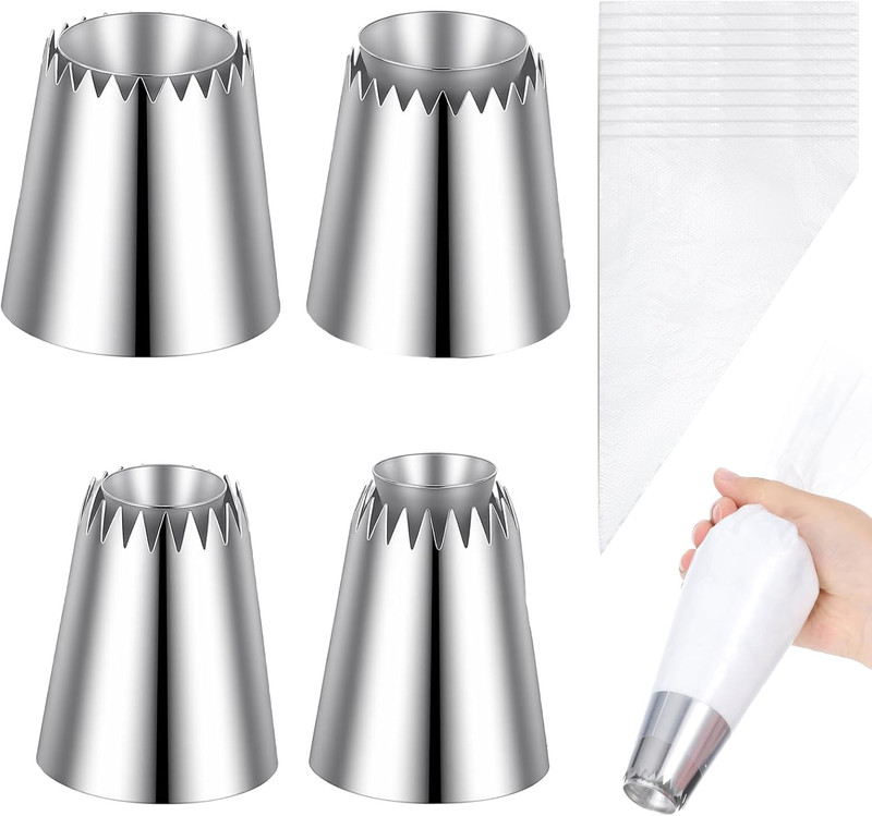 4 PCS Large Piping Tips Set Stainless Steel Big Icing Nozzles Kit with 10 PCS Pi