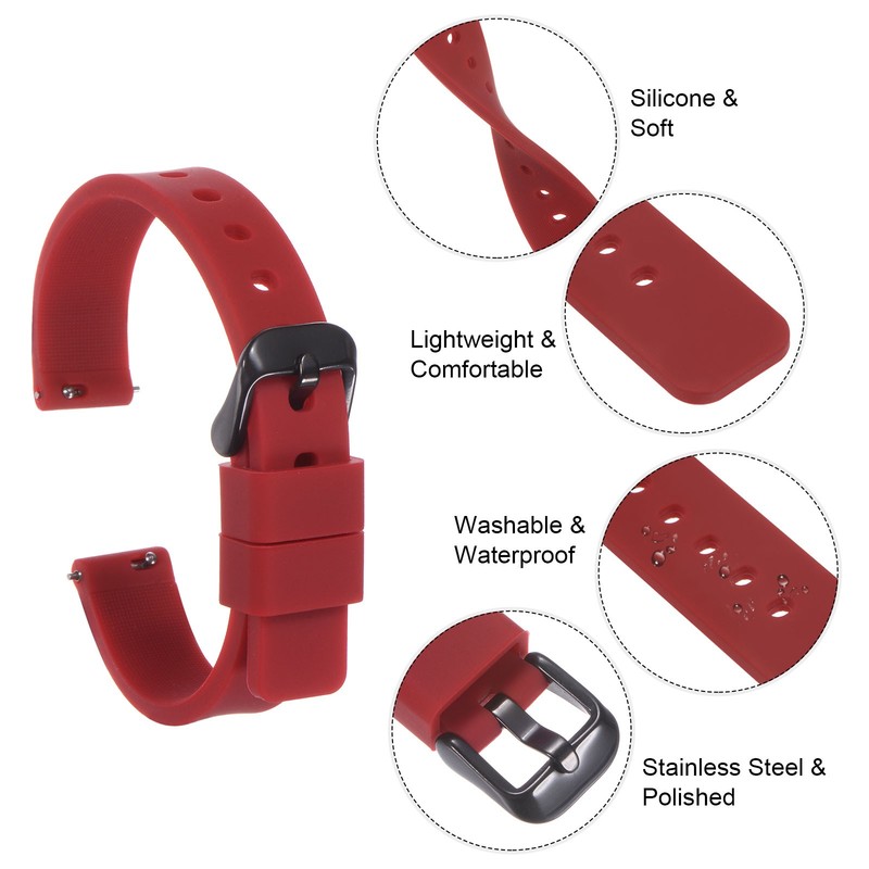 19mm Black Quick Release Silicone Strap for Dark Red Watches gallery