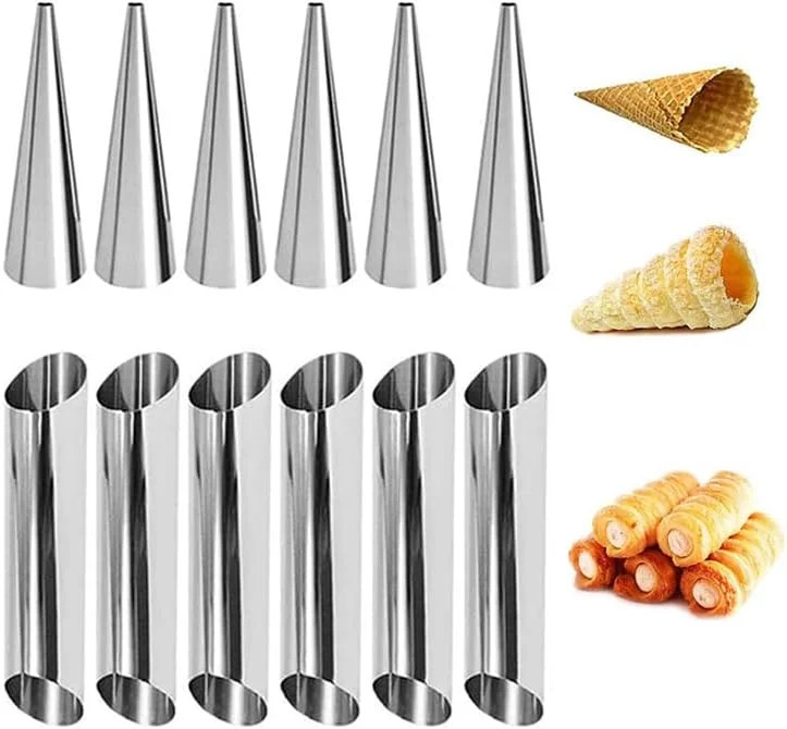 12pcs Cream Horn Molds, Stainless Steel Cannoli Forms Tubes Kits, Baking Cones,