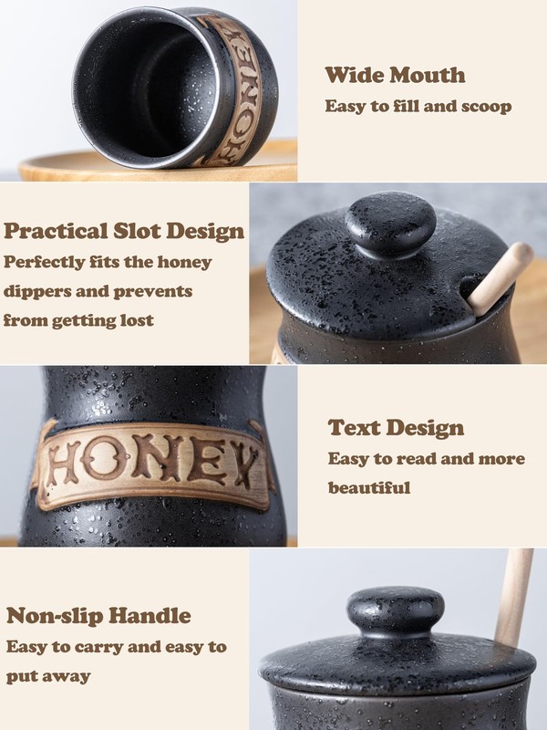 Honey Jar Pot Dispenser 12oz Grey Ceramic Wood Dipper Lid Kitchen Bar gallery