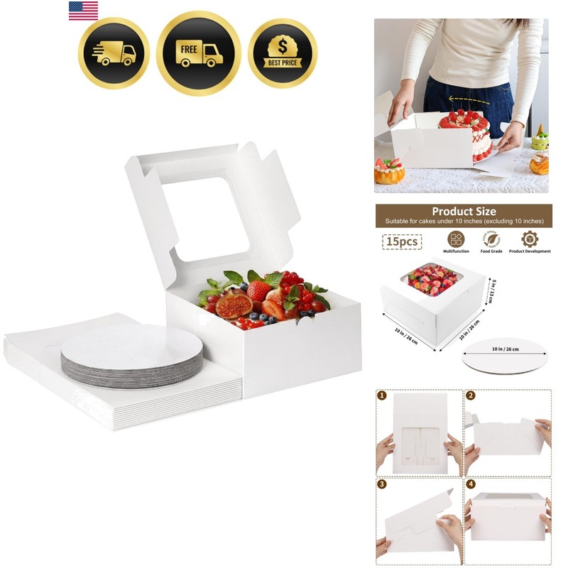 15 Sets Cake Boxes, 10x10x5 Inches Bakery Boxes with Cake Boards, 10 Inch wit…