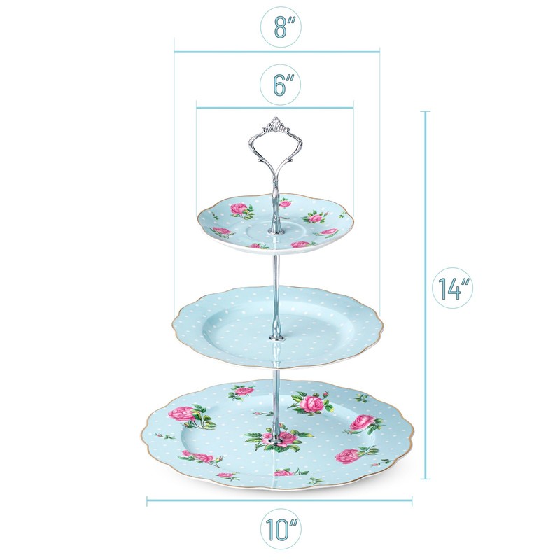 BTaT- Floral 3 Tier Cake Stand, Porcelain, Pastel Blue with Pink Roses & Gold... gallery