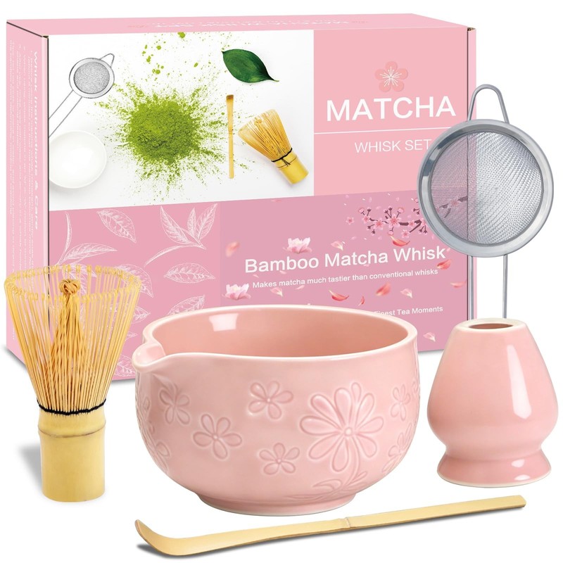 Matcha Whisk Set, Pink Ceramic Matcha Making Kit with Traditional Bamboo Whis…