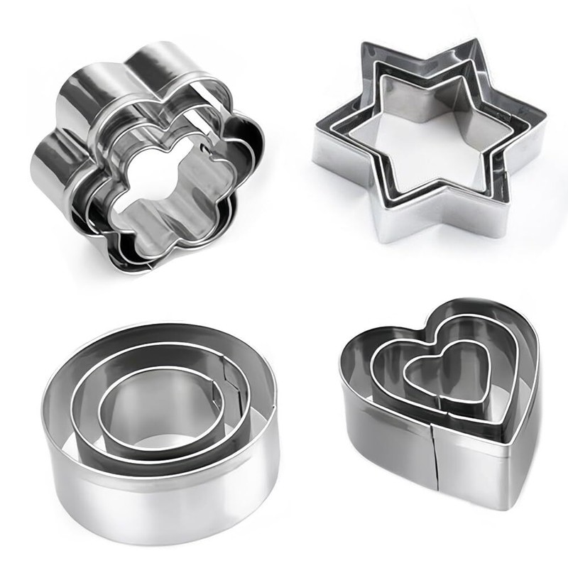 Mini Cookie Cutters Set of 12 Heart Flower Star Round Shapes Metal Cutter Sta...