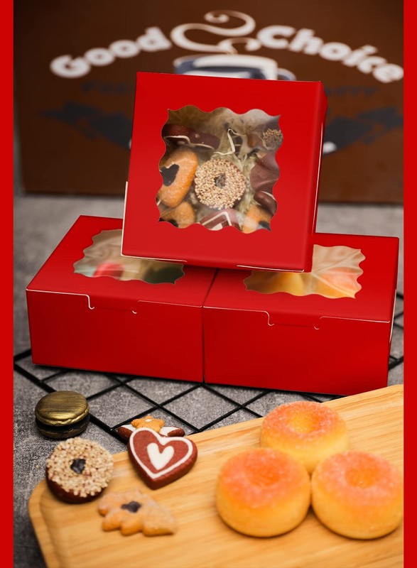 60 PCS Red Bakery Boxes Window 6x6x3 Inch Thick Cookie Macaroon Pastry Box gallery