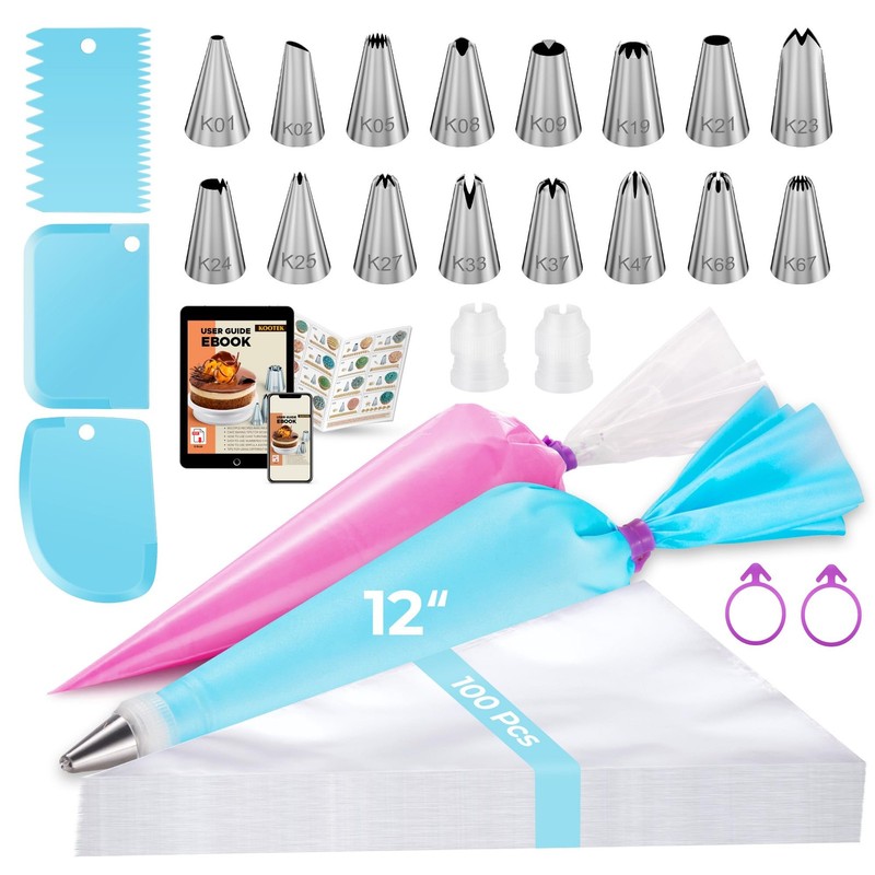 Kootek 124Pcs Icing Piping Bags and Tips Set, Cake Decorating Kit with Blue