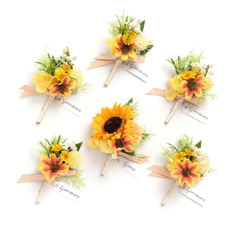 Ling’s moment 6pc Boutonniere Set for Men, Groom & Groomsmen, Artificial Flowers