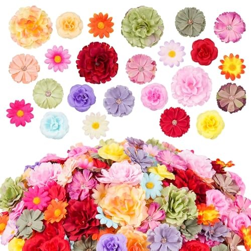 210 Pcs Mini Silk Flower Heads Small Fake Rose Daisy Faux Bright Colors Mixed gallery