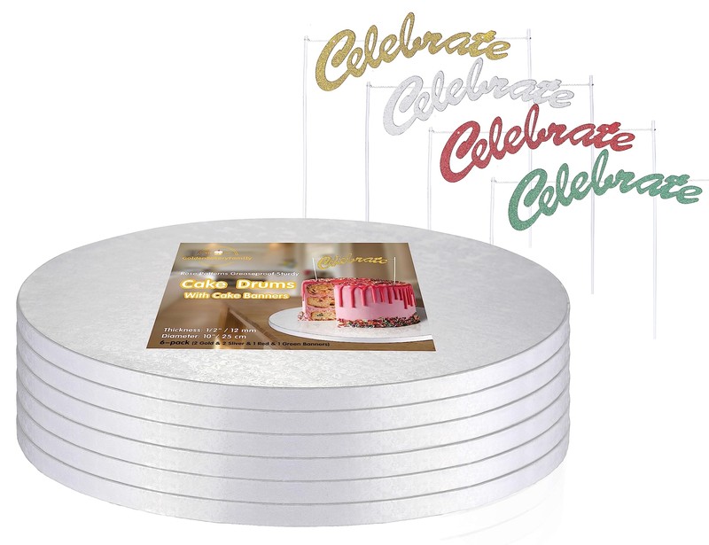 10″ Cake Drums with Banner Cake Topper 1/2″ Thick Greaseproof 6-Pack White