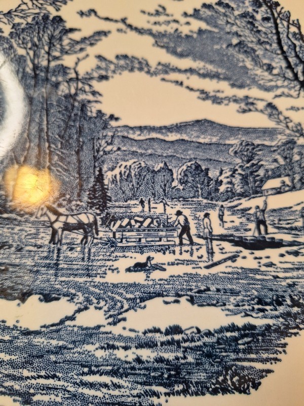 Vntg Currier & Ives Blue Transferware Cake Plate / Platter, Farmhouse Decor,... gallery