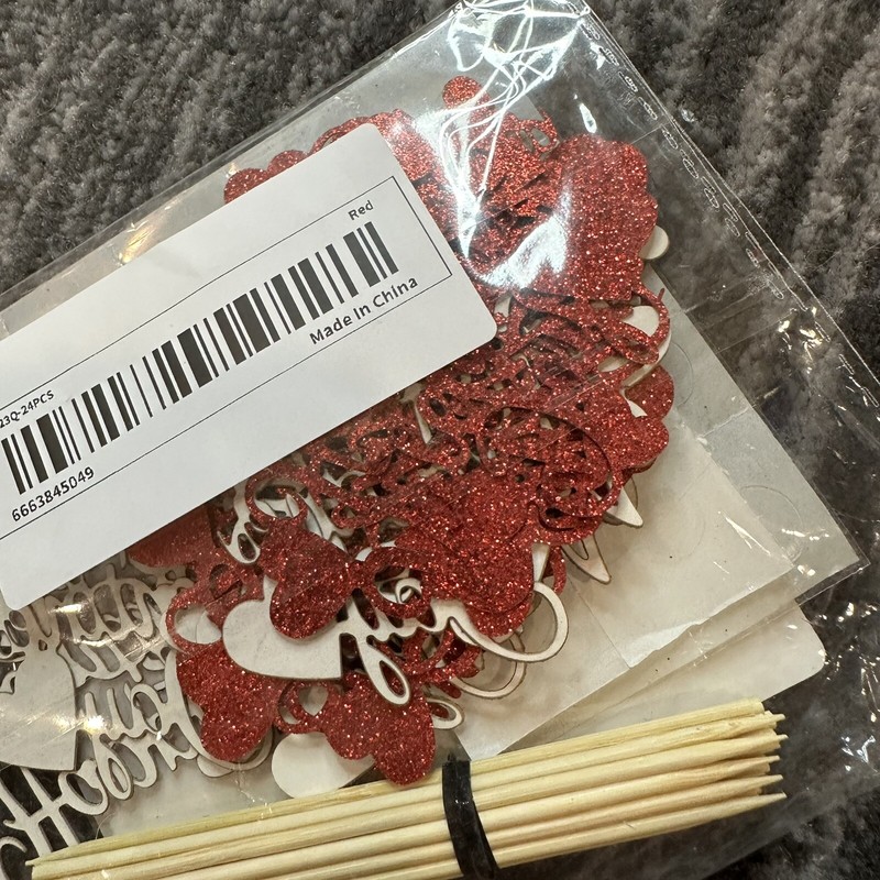 24 Pack Happy Valentine's Day Cupcake Toppers Wooden Picks Red Glitter Heart New gallery