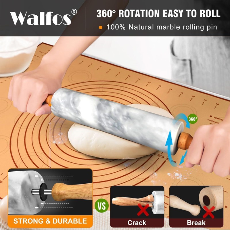 Marble Rolling Pin Set With Non Stick Silicone Pastry Mat, 16.5 Inch Dough gallery