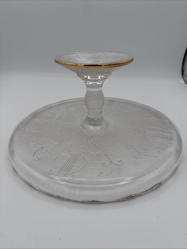 Jeanette Harp Glass Pedestal Cake Plate Stand Scalloped Edge w/Gold 10" gallery