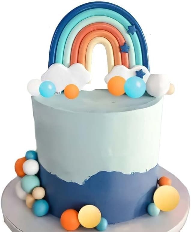 Blue Rainbow Cake Toppers, 14pcs Blue Rainbow Cake Toppers With Orange White