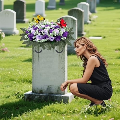 Artificial Cemetery Flowers for Grave,Large Headstone Flower Saddle Purple gallery