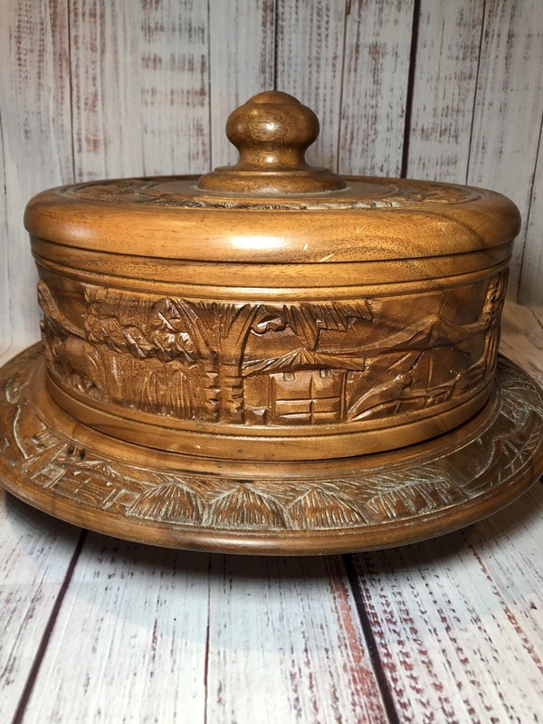 Vintage 12" Round Wooden Swivel Cake Plate w/ Dome African Unique Hand Made gallery