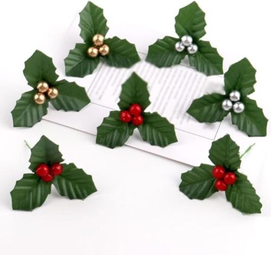 10Pcs Christmas Holly Berries Faux Berry Flowers with Leaves Xmas Berry Red gallery