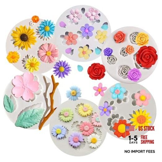 6 Pcs Flower Fondant Molds Daisy Silicone Candy Molds Rose Flower Chocolate