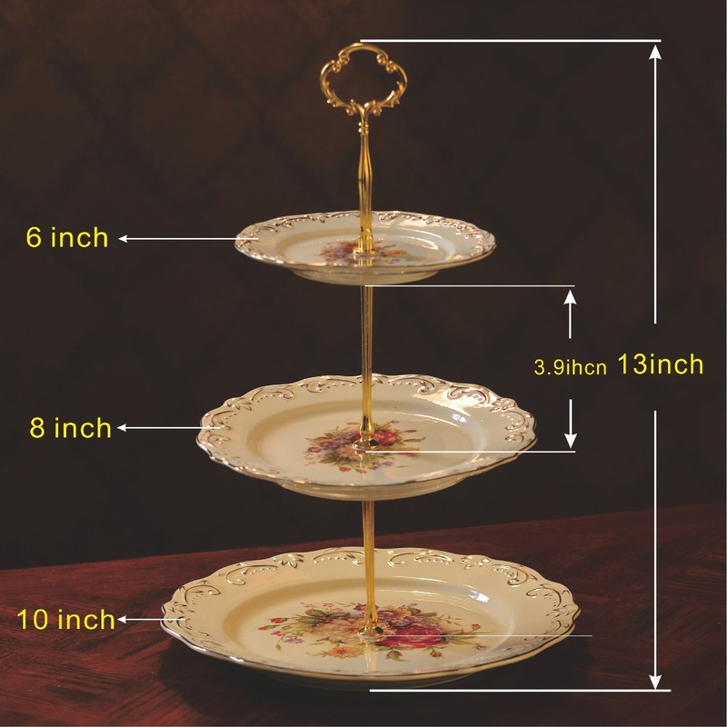 Flowering Shrubs 3 Tiered Cupcake Stand, Emboss Golden Leaves Edge Tea Party ... gallery