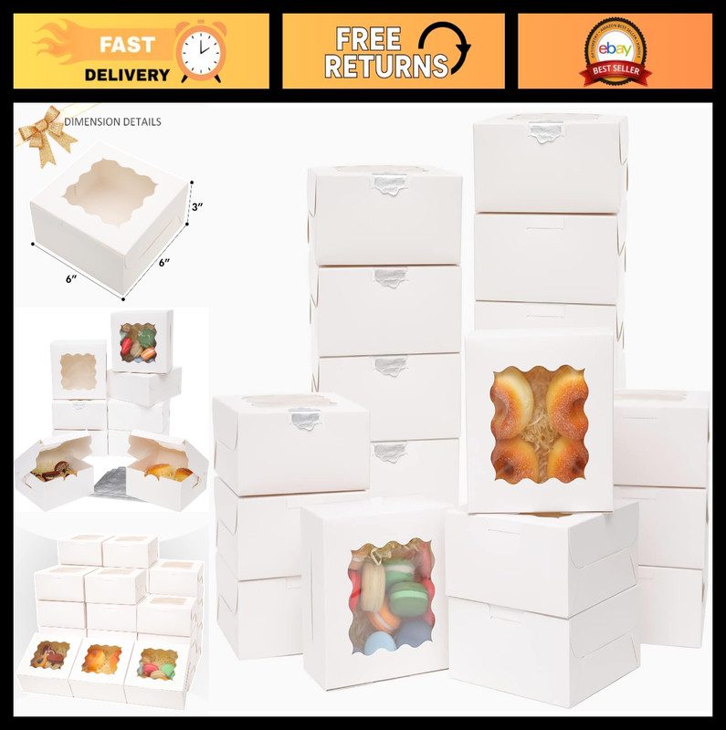 60pcs White Bakery Boxes with Window – 6x6x3″ Sturdy Macaron & Cookie Packaging