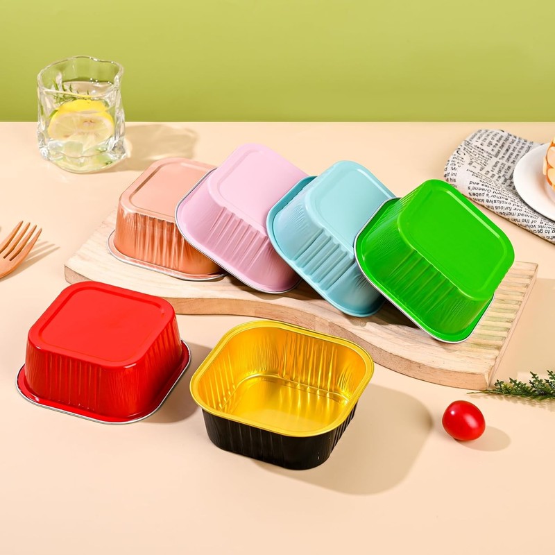 10oz Mini Cake Pans with Lids (40 Pack) Aluminum Foil Square Cupcake Liners gallery