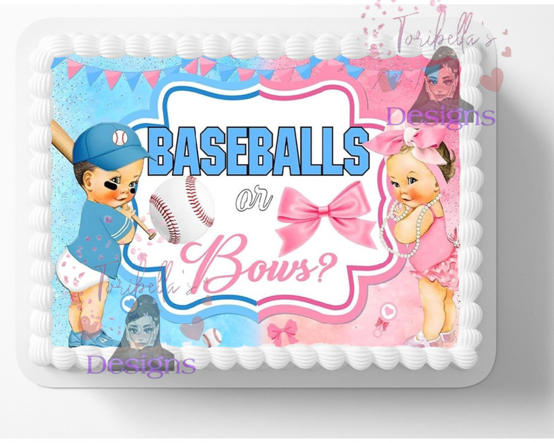 Baseball Or Bows 1/4 sheet Edible Cake Topper Gender Reveal Baby Shower Party