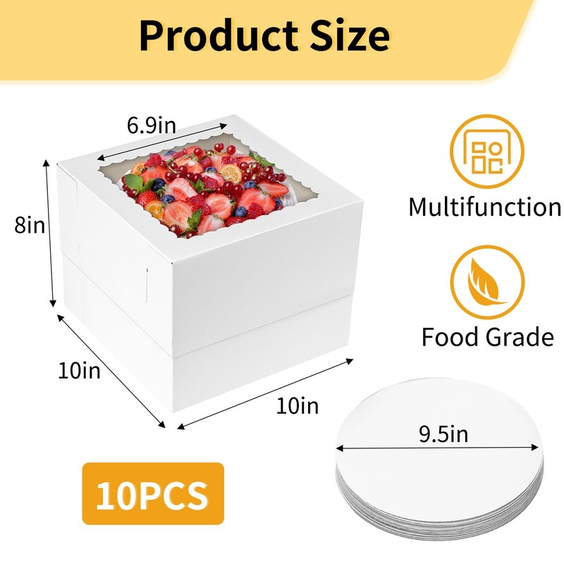 Tall White Bakery Cake Boxes With Clear Window And Boards 10x10x8" 10 Sets Kit gallery