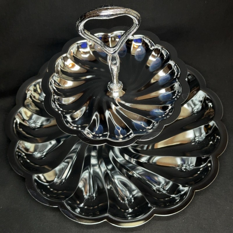 Vintage Arco 2-Tier Cake Candy Stand Chrome Metal Scalloped Silver Tray Party gallery