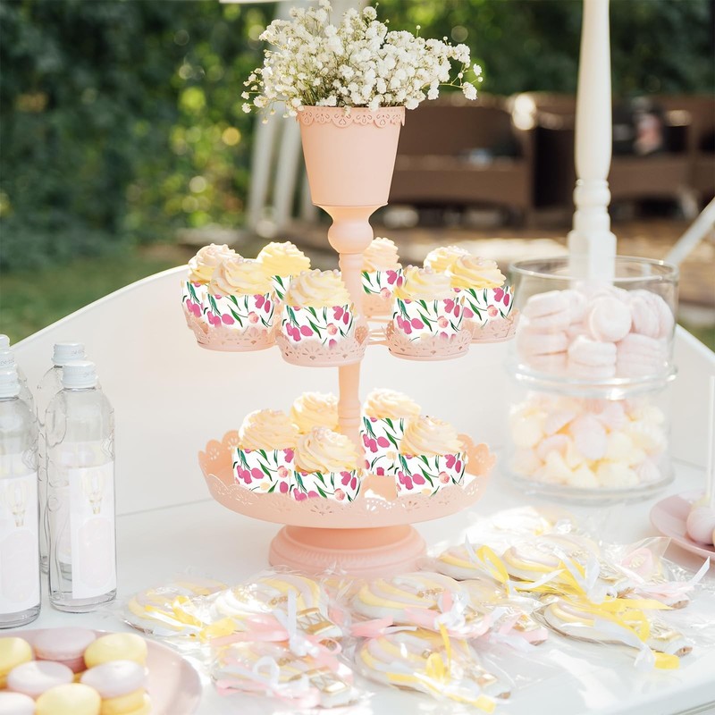 100 PCS HandPainted Spring Tulip Scalloped Pink Floral Cupcake Wrappers gallery