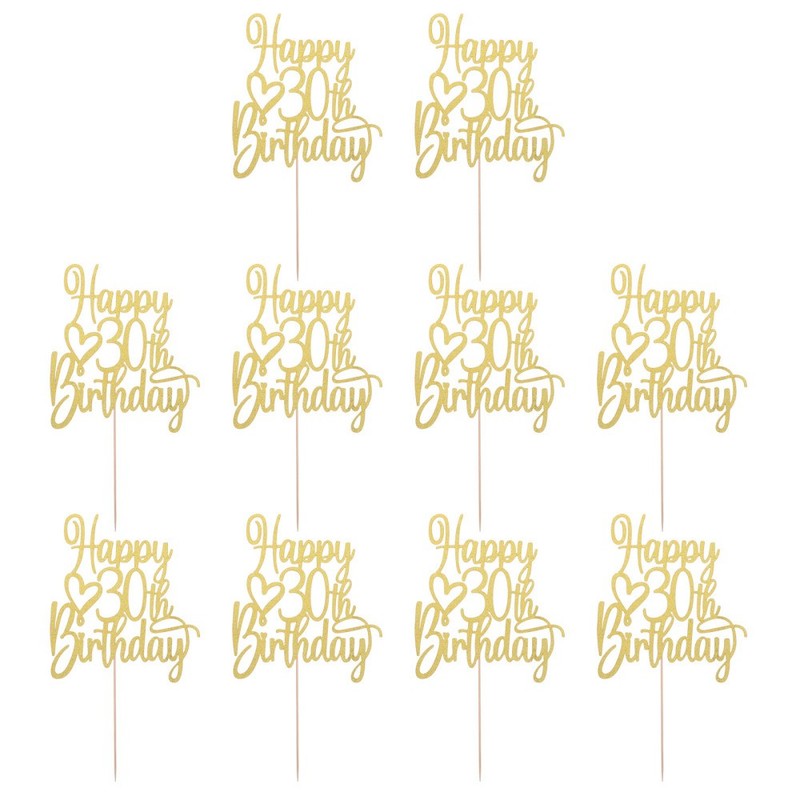10pcs Golden Paper Birthday Cake Topper Decorations for 30th Birthday Party