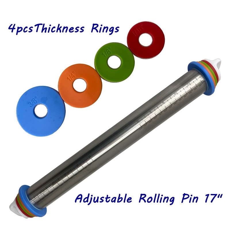 Adjustable Rolling Pin 17″ Stainless Steel Dough Roller with 4 Thickness Rings